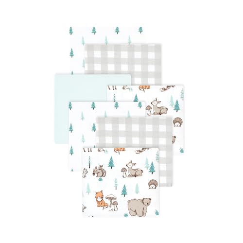Image of Little Treasure Hudson Baby Cotton Poly Flannel Receiving Blankets Multipack, Grey Neutral Woodland Pals, 30x30 inches