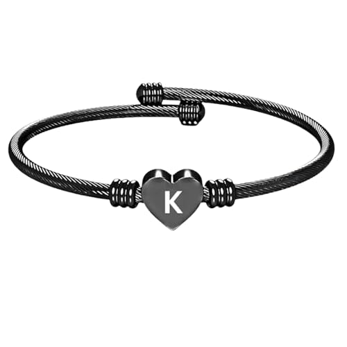 Tongari Stainless Steel Engraved Charm Heart Shape Word-K Bracelets for Women Black