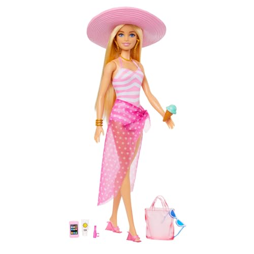 Barbie ​Blonde Doll with Pink and White Swimsuit, Sun Hat, Tote Bag and Beach-Themed Accessories