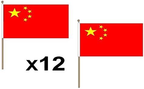 Ukflagshop Pack Of 12 (18" X 12") China Chinese Hand Waving Flags 24" Wooden Pole For Party Conferences Office Display