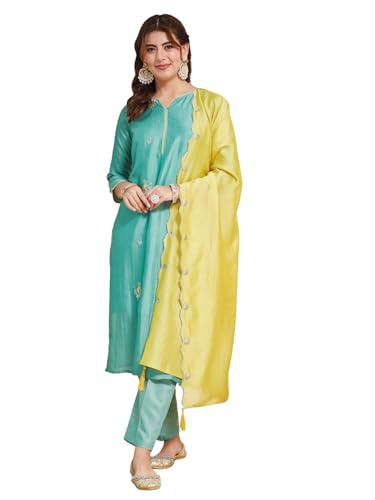 Image of MOKOSH Women's Silk Embroidery Kurta Pant with Dupatta | Kurta Set | Sweetheart Neck | 3 Piece Outfit | 3 /4 Sleeve Ethnic Suit