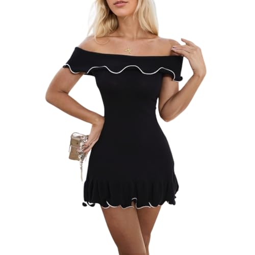 Naileksi Women Sexy Off Shoulder Ruffle Hem Knit Mini Dress Short Sleeve A-Line Contrast Binding Party Club Short Dress Black