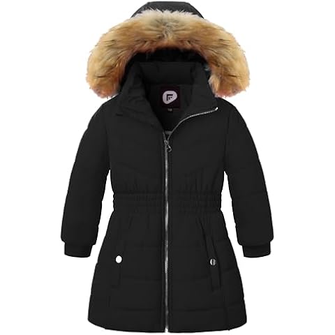 Garemcy Girls Winter Long Warm Coat Waterproof Sherpa Lined Parka Jacket With Detachable Hood & Fur Black 11-12Y Cover
