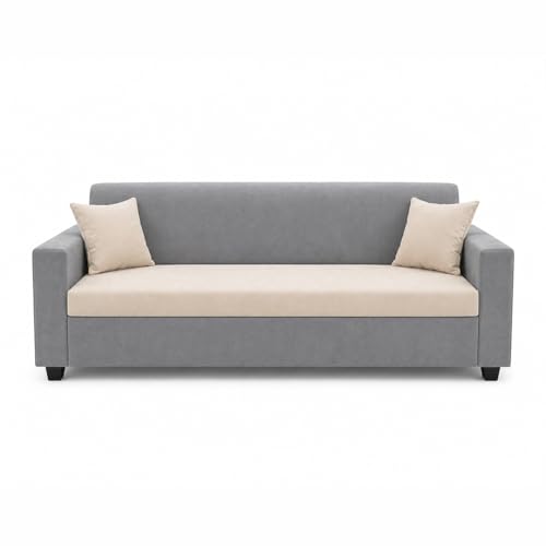 Image of FURNY QualityWood 3 Seater + 1 Seater + 1 Seater Fabric Sofa Set (Cream-Light Grey) with Velvet Finish | Durable Comfort | Ideal for Living Room