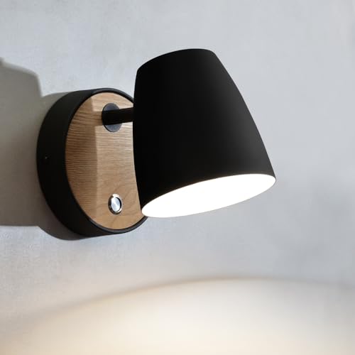 Black Wall Light for Bedroom,Wood Wall Lamp with Switch Industrial,Aluminum Shade 360°Rotatable,Modern Indoor Wall Lighting for Bedside,Living Room,Hallway,Stairs,Bathroom,Storeroom,Reading Lamp E27