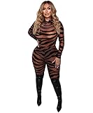 BYDIVA Women's Zebra Print Mesh Bodysuit Sets Bodycon Party Club Jumpsuit S
