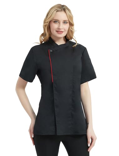 TopTie Women's Chef Coat With Contrast Piping Short Sleeve Chef Jacket