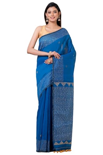 Image of Handloom Muslin Tissue Jamdani Cotton Silk Saree with Sequins Blouse