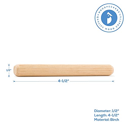image for Wooden Dowel Pins 4-1/2 inch x 1/2 inch, Pack of 50 Fluted Dowel Joint