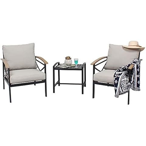 VARVIND 3 Pcs Outdoor Patio Furniture Set,Patio Conversation Sofa Set with Side Table,All Weather Patio Bistro Set,Outdoor Porch Chairs with Cushion for Garden,Backyard,Lawn,Poolside(Grey) Cover