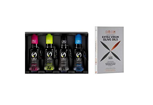 Aceite de oliva virgen extra estuche 4 botellas 250 ml (variedades Arbequina, Picual, Hojiblanca y Frantoio) + Guía de aceites 2020