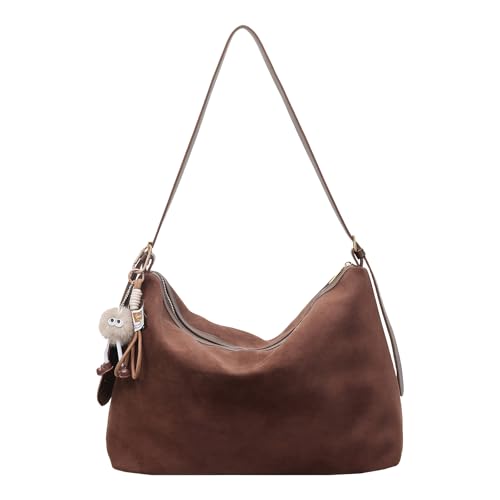 Suede Leather Versatile Handbag with Pendant Retro Underarm Bag Large Capacity Stylish Shoulder Bag Work Commute Shopping Par