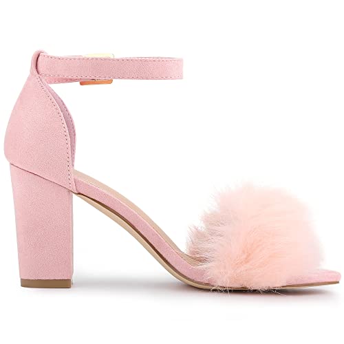 Allegra K Women's Faux Fur Ankle Strap Block Heels Pink Sandal - 6 M Us #TOP6
