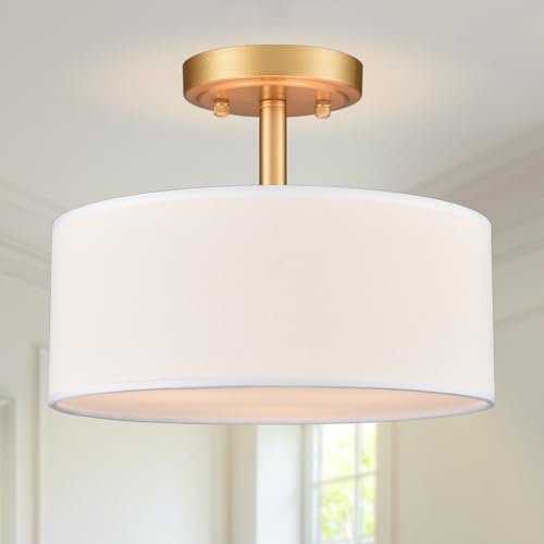 Image of Modern 3 Light Gold Drum Semi Flush Mount Ceiling Light | Ceiling Mount Light Fixture for Hallway Bedroom Entryway Foyer Office