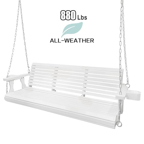 Wooden Porch Swing 3 Seater Bench Swing with Cupholders Hanging Chains and 7mm Springs Heavy Duty 880 LBS for Outdoor Patio Garden Yard High Gloss White 5 feet
