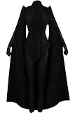 Womens Medieval Coat Jacket Halloween Black Cloak White Robe Cosplay Costume with Gloves,Large