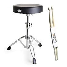 Round seat, seat material: vinyl Seat diameter: 12 inches (approx. 30 cm) Double braced tripod tripod, non-slip rubber feet Height adjustable: 46-66 cm Keepdrum drumsticks