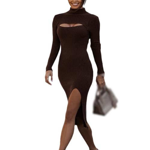 Women's White Knitted Long Midi Dress Autumn and Winter Solid