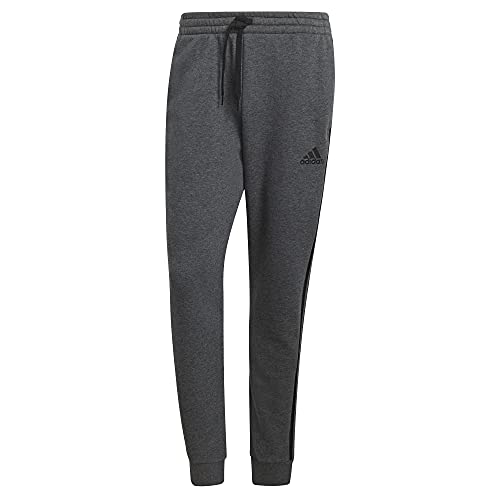 Adidas Men's Standard Essentials Fleece Tapered Cuff 3-Stripes Pants, Dark Grey Heather/Black, Medium #TOP3