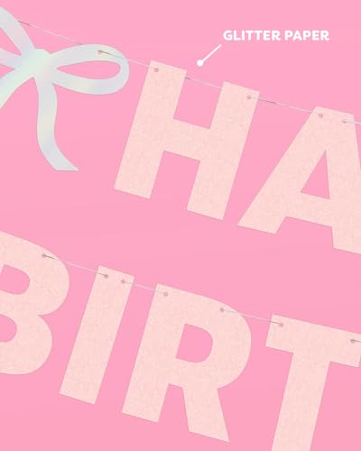 xo, Fetti Happy Birthday Banner, Foil + Pink Glitter | Princess Party Decorations, Bow Garland, 21st Decor, Coquette Graduation, Girls Bday Sign