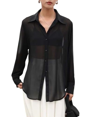Gihuo Women Sheer Button Up Blouse Mesh Long Sleeve See Through Tops Sexy Mesh Shirts(Black-S)