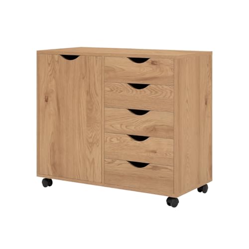 Image of Naomi Home Rolling Storage Cabinet with 5 Drawers & Side Cabinet, Engineered Wood Organizer with Shelves, Handle-Free Design & Swivel Casters for Home Office, Kids Room & Entryway - Natural