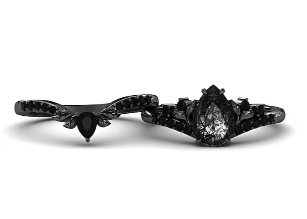 IVANKA Black Gold Rutilated Quartz Engagement Ring Set Women, 925 Sterling Silver Leaf Shaped Nature Inspired Gothic Black Stone Ring, Rutile Quartz Ring Set3