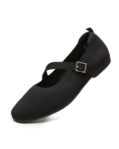 ZUXYAFU Women's Mary Jane Square Toe Ballet Dressy Flats，All Black，US 10