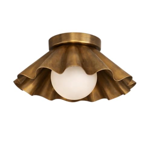 Vintage Brass Ruffle Flush Mount Ceiling Light, Scalloped Flower Lamp with Opal Glass Globe, Mid Century Italian Style Lighting Fixture for Entryway Bedroom Hallway Handmade Decor (Polished Chrome)