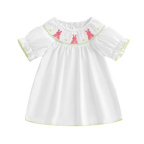 AHUGHAUE Toddler Girl Easter Smocked Dress Puff Short Sleeve Bunny Embroidery Dresses Cute Summer Smocked Outfit (White, 0-3 Months)