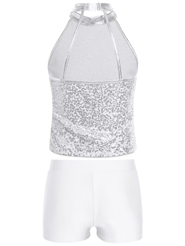 Aislor Kids Girls Halter Sleeveless Sequins Ballet Dance Crop Top with Shorts Set Gymnastics Dancewear Sportswear4