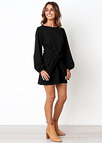 Prettygarden Women’s Elegant Long Lantern Sleeve Short Dress Crewneck Tie Waist Knit Cocktail Dress Black #TOP2