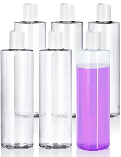 JUVITUS 8 oz Clear Cylinder Plastic PET Bottles with White Disc Cap (6 pack)