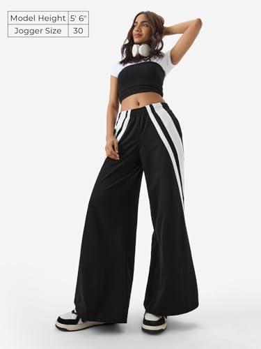 Image of The Souled Store Black & White Women and Girls Pull On Cotton Oversized Flared Joggers