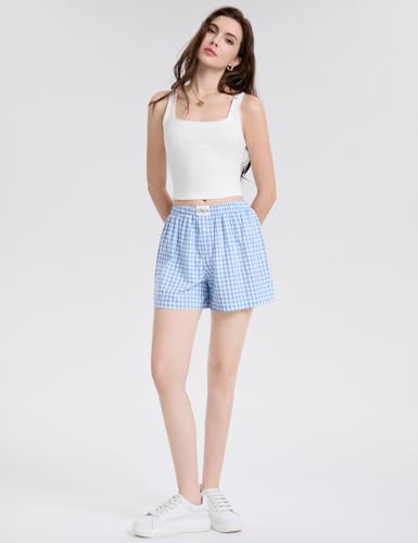 Image of LOMON Boxer Shorts for Women Summer Gingham Pajamas 2026 Lounge Sleep Pj Plaid Shorts Y2K Beach Bottoms with Pockets