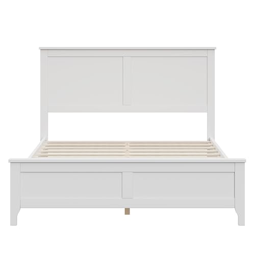 Image of Harper & Bright Designs Full Size Modern Platform Bed Frame, Solid Wood Platform Bed Frame with Headboard, Wood Slat Support, No Box Spring Needed, for Living Room, White