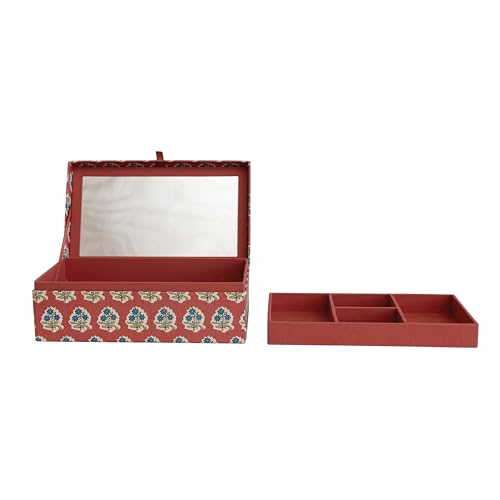 Fabric Covered Jewelry Box with Floral Pattern and Interior Mirror, Multicolor