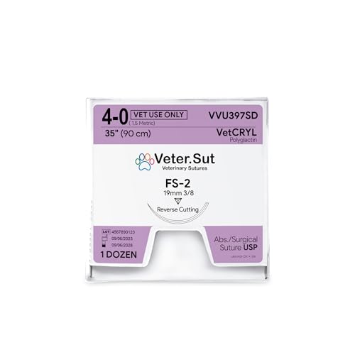 Image of VeterSut VetCRYL Absorbable Polyglactin Surgical Suture USP Size 4-0, (FS-2) 3 /8 19mm Reverse Cutting Needle, 36 Inches (90 cm), 12 Count, Veterinary Use