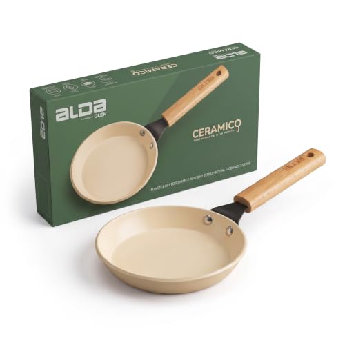 Image of Alda Ceramico Mini Fry Pan 15cm | Non-Stick Ceramic Coating | Heat Resistant Wooden Handle | Compact Egg Fry Pan for Snacks & Breakfast | Induction & Gas Stove Compatible Cookware