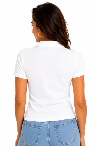 Image of Women's Ribbed V Neck Collared, Casual Short Sleeve Polo Top, Stretch Knit, Soft Lightweight Summer Basic Tee for Office, Work, Travel