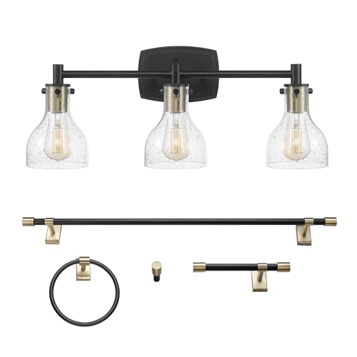 Image of GLOBE Electric 63000062 5-Piece All-in-One Bathroom Set, Matte Black & Brass, 3-Light Vanity Light, Seeded Glass, Towel Bar, Toilet Paper Holder, Towel Ring, Robe Hook, Bathroom Lights Over Mirror