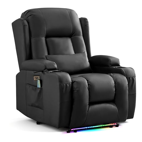 URRED Power Recliner Chair with Massage and Heat for Adults, Electric Reclining Sofa Home Theater Seating with Ambient Light, USB Ports, Cup Holders, Side Pockets, Pillow, Faux Leather (Black)