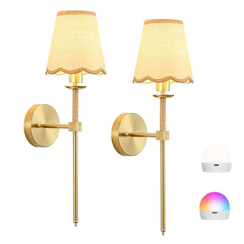 KernLite Boho Battery Operated Wall Sconce Set of 2 Gold Wireless Rechargeable Wall Lights with Rattan Shade 12 RGB and 3CCT Dimmable Cordless Wall Lamps with Remote for Bedroom Living Room