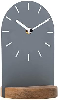 SOFFEE DESIGN One-Piece Table Clock Iron Sheet with Wooden Base Ins Style, Desktop Clock Non Ticking Battery Operated for Living Room Bedroom Home Decor, Gray