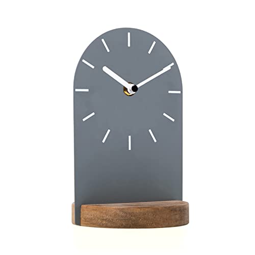 Soffee Design One-Piece Table Clock Iron Sheet With Wooden Base Ins Style, Desktop Clock Non Ticking Battery Operated For Living Room Bedroom Home Decor, Gray #TOP22