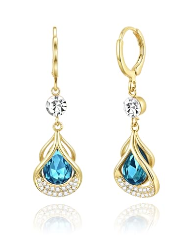 Trendy Sapphire Huggie Small Hoop Earrings with Hypoallergenic Blue Topaz Birthstones, 14K Gold Plated Teardrop Dangle Earrings for Women, Blue Crystal Jewelry for Daily & Occasions, Metal, created