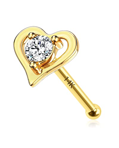 Melighting Nasenpiercing 14Karat Echt Gold Nasenstecker Stud Nasenring 20G(0,8mm) Herz Diamant Nasen Nostrial Piercing Schmuck Nose Piercing Stud Gold Nasenring aus 14 karätigem Echtgold