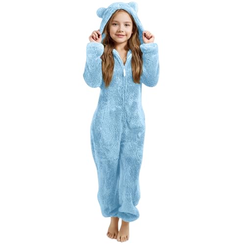 Image of TYUSGH Girls Teddy Fleece Hooded Onesie Fluffy Jumpsuit Zip Up Winter Warm Bear Ear Cozy Soft Thermal Rompers for 2-13 Years (Sky Blue, 8-9 Years)