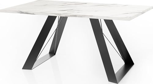 WFL GROUP Esstisch Colter Schwarz im Modernen Still, Rechteckig Tisch in Weißer Marmoroptik - Ausziehbar von 140 cm bis 240 cm, Pulverbeschichtete Weiße Metallbeine - 140 x 80 cm - Marmor Weiß