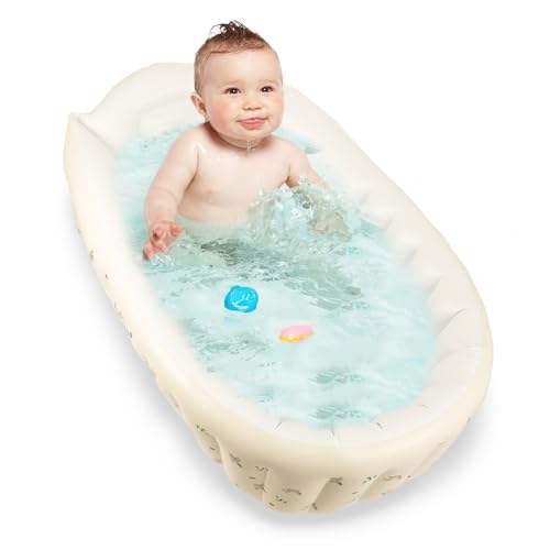 Harupink Bañera hinchable para bebé, bañera ergonómica para bebés, portátil, antideslizante, plegable para bebés, recién nacidos, niños, niños y niñas (bomba de aire de conejo)